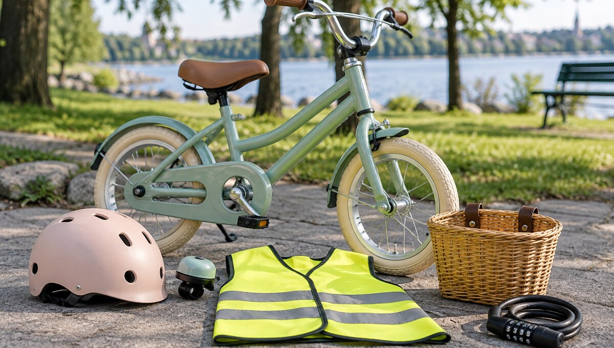 Cykel med hjälm reflexväst korg ringklocka och lås