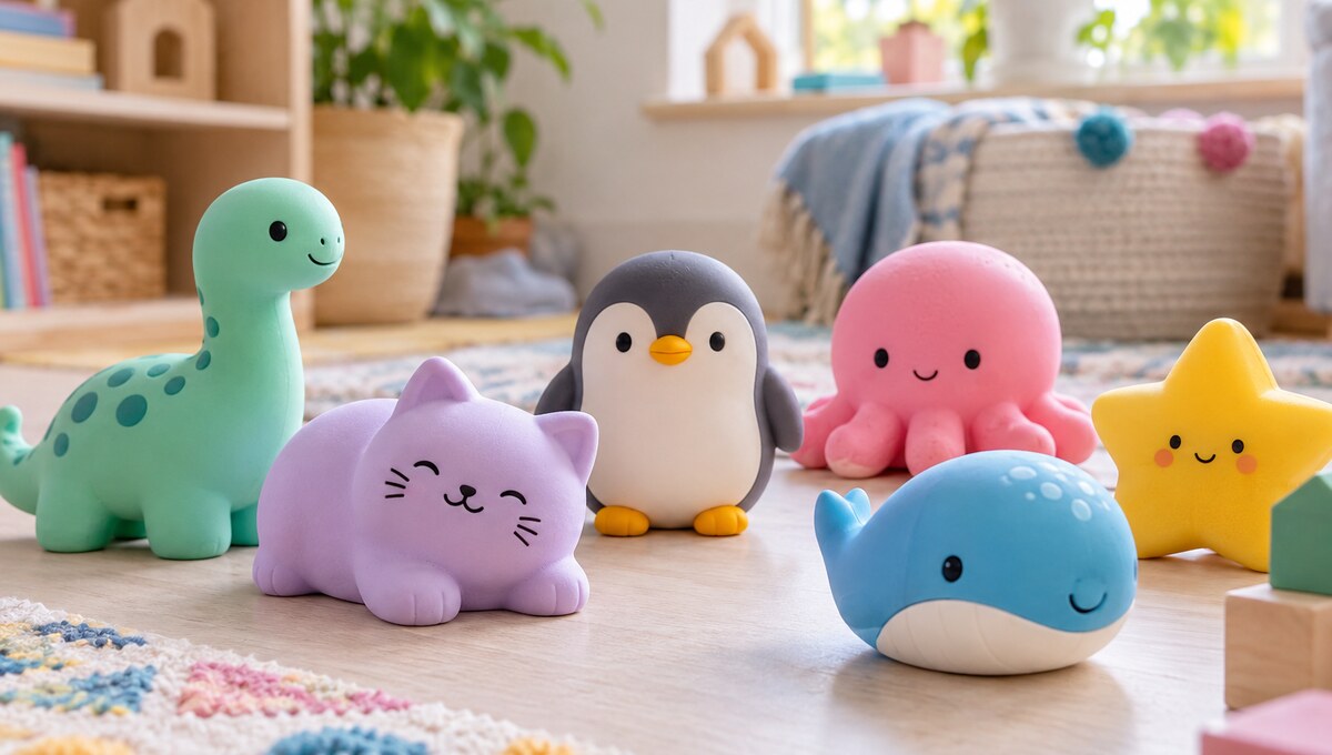 Färgglada mjuka squishies i ett lekrum